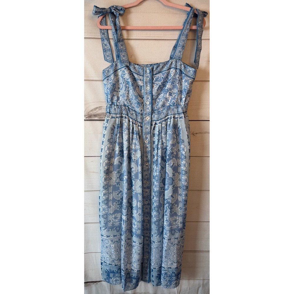 Gretchen Scott Blue Floral Damask Tie Shoulder Button Front Midi Dress XS